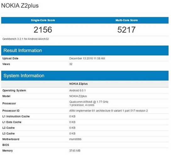 诺基亚Z2 Plus跑分
